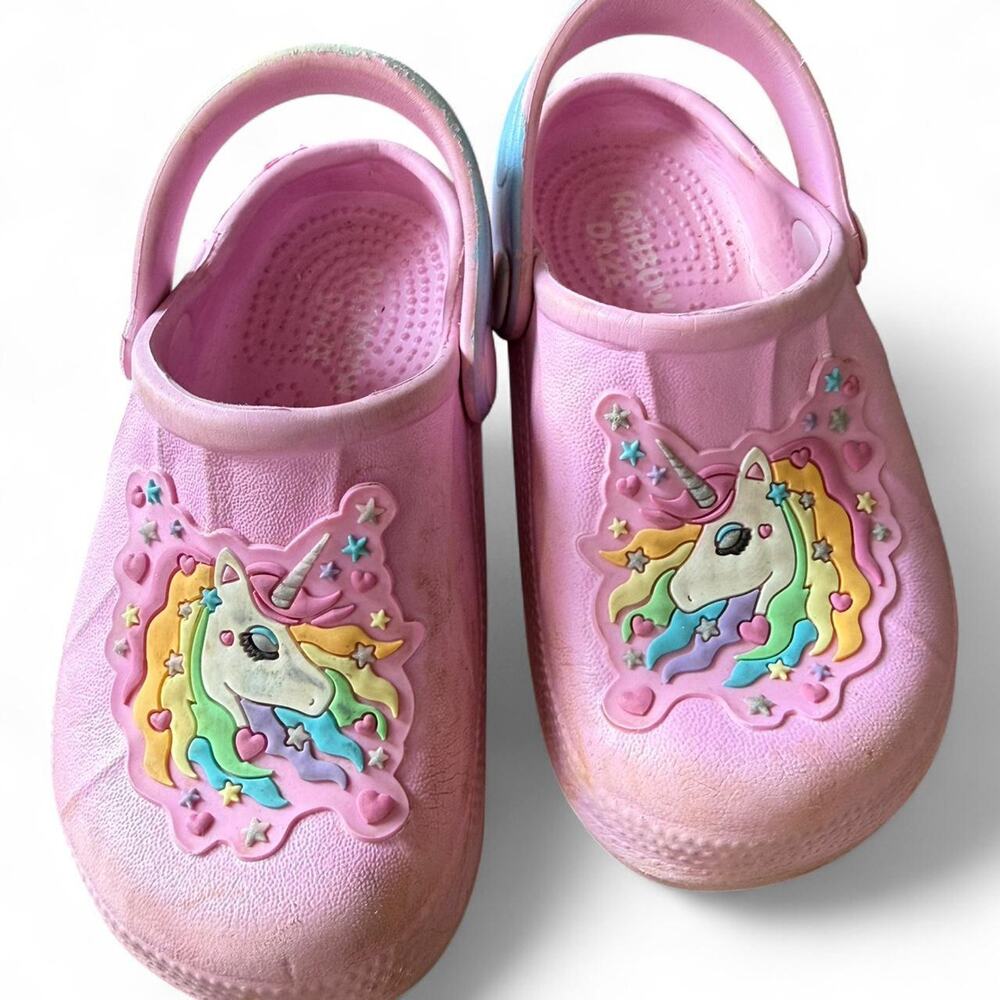 Pink unicorn off brand crocs 8c